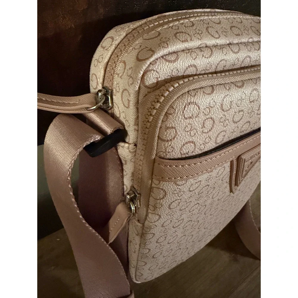 Guess Women Blush Pink Logo Print Crossbody Bag Adjustable Strap New